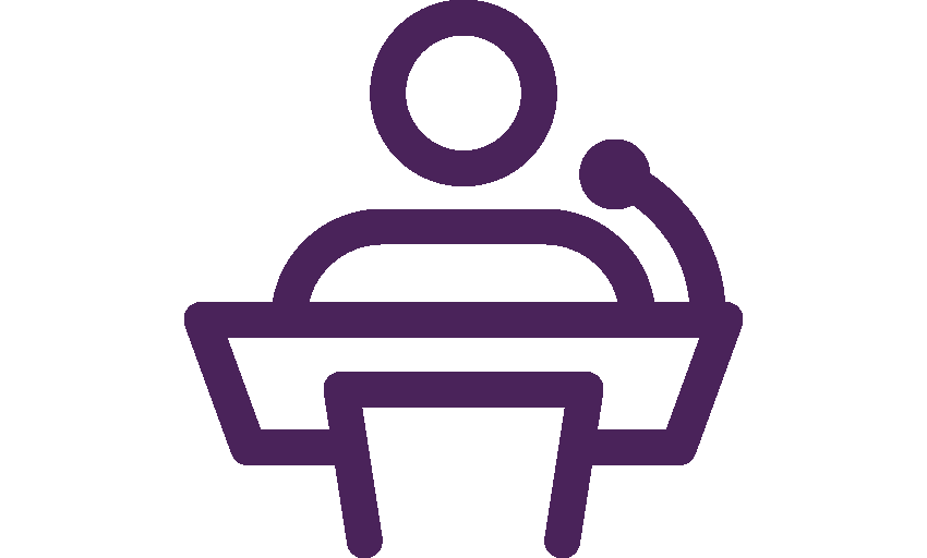 A purple icon of a person speaking on a podium
